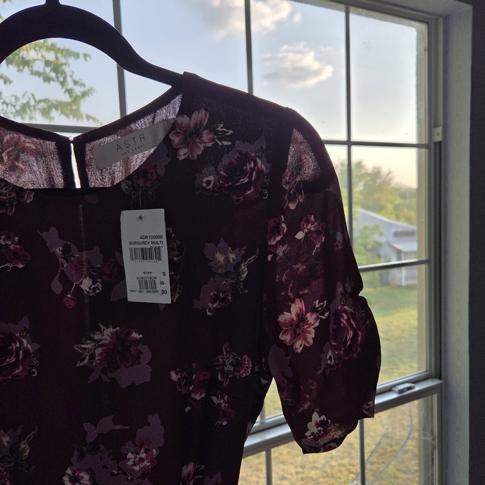NWT ASTR‎ The Label Floral Faux Wrap Whimsigoth Chiffon Mini Dress Burgundy S - Picture 7 of 10